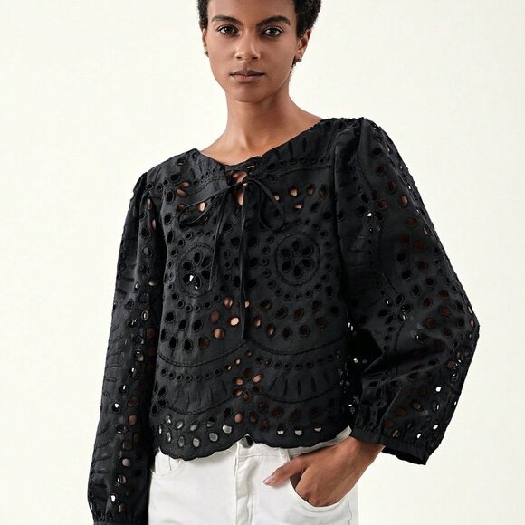 Black Preppy Womens Solid Tie Front Blouse - Picture 5 of 5